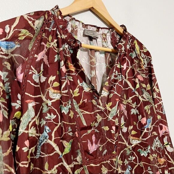J. Crew Point Sur Menagerie Ruffle Popover Top sz S Floral bird print brown - Picture 4 of 7